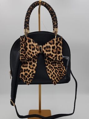 Crossi Black Women’s Satchel Bag with Leopard Bow Accent